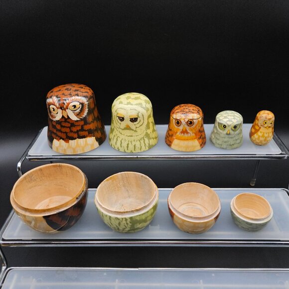 Vintage Owl Family Nesting Dolls Enesco Wooden Hand Painted 5pc Set Kitschy - Picture 1 of 14